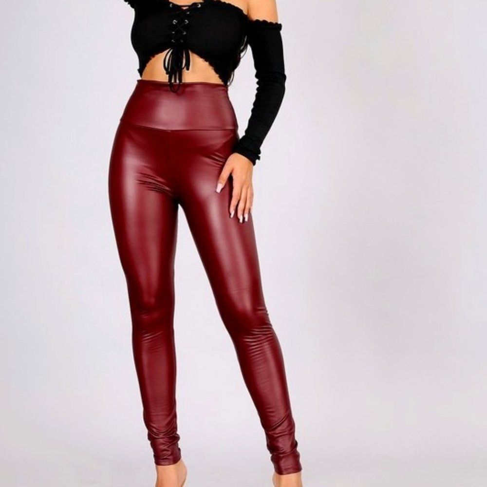 MAROON, RED, BURGUNDY HIGH WAIST LEATHER LEGGINGS - FAUX
